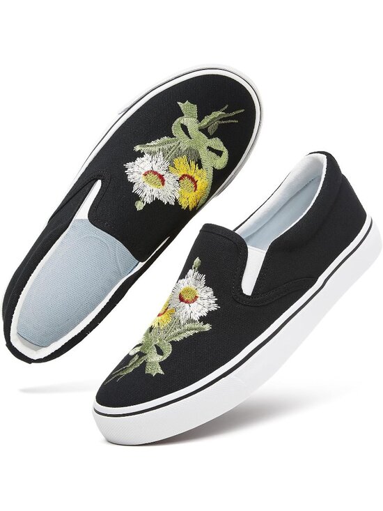 Shoes - Women's Black Embroidery Flower Comfortable Low Top Slip on Loafer Sneaker Shoes
